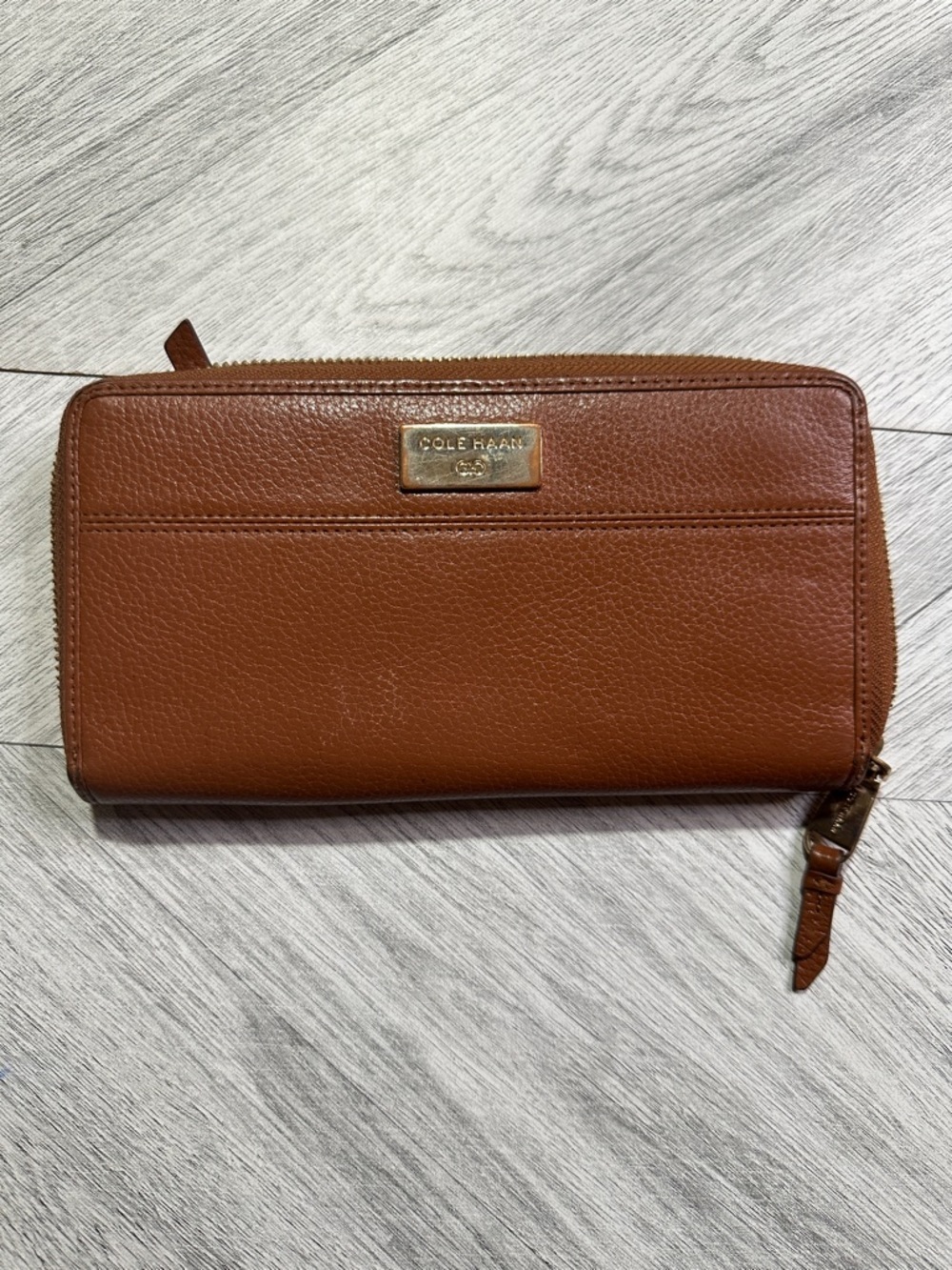 Cole Haan Cognac Leather Zip Wallet with Gold Plaque